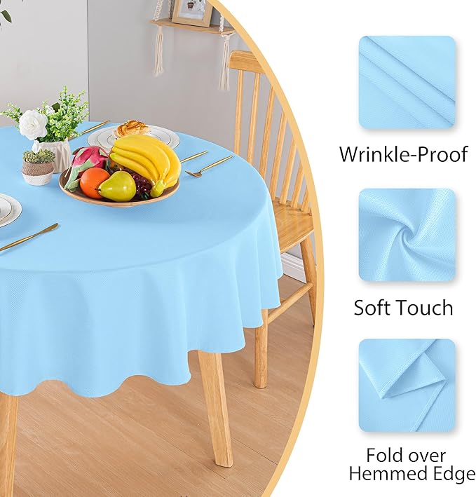 Hiasan Round Textured Tablecloth 60 Inch - Waterproof Spillproof Antiwrinkle Jacquard Table Cloth, Decorative Polyester Table Cover for Kitchen, Outdoor Picnic, Holiday and Parties, Light Blue