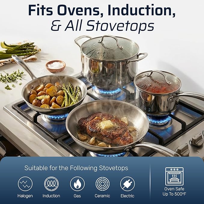 Gotham Steel 10 Pcs Stainless Steel Cookware Set, Pots and Pans Set Non Stick with Induction Cookware, Made Without PTFE PFOA PFOS, Metal Utensil Safe, Oven and Dishwasher Safe