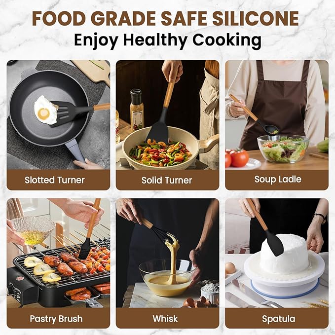 Kitchen Utensils Set - Silicone Cooking Utensils Set - 12 Pcs for Cooking, Spatula,Turner, Spoon, Brush, Useful Pots and Pans Accessories, Kitchen Gadgets for Non-Stick Cookware BPA FREE