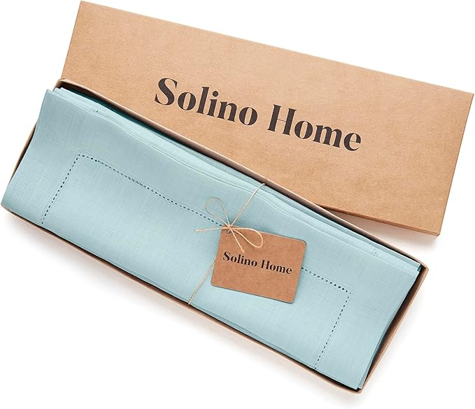 Solino Home Linen Cloth Placemats Set of 4-100% Pure Linen Hemstitch Aqua Blue Placemats 14 x 19 Inch - Classic Hemstitch Table Place Mats for Winter, Spring, Easter