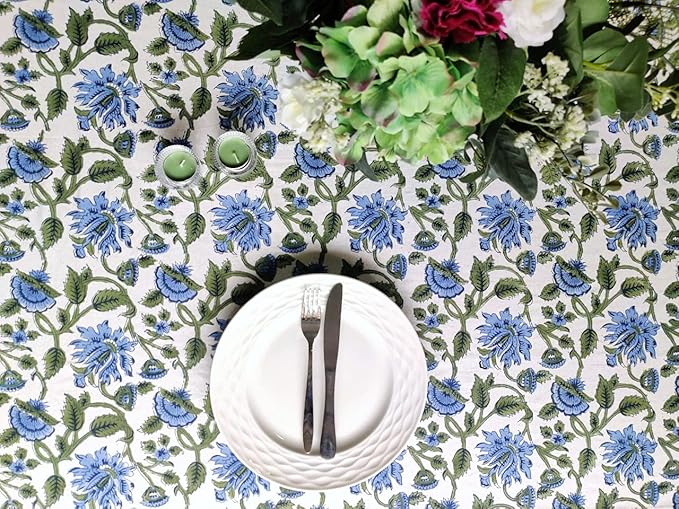 ATOSII Taj 100% Cotton Summer Tablecloth, Block Print Floral Square Table Cloth for Dining Table I Parties Wedding Outdoors, Grand Millenial Decor 60 X 60 Inches I 4 Seater I