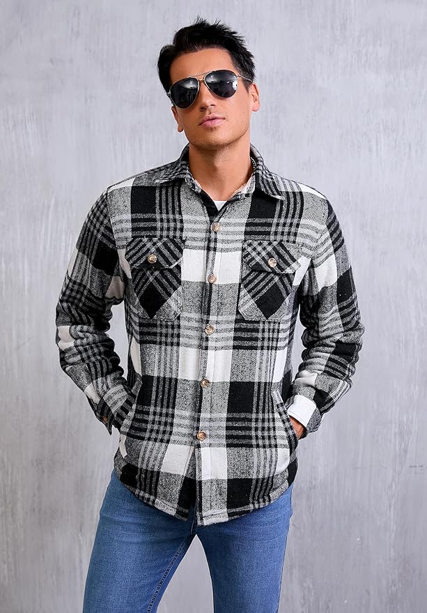 Men's Cotton Sherpa Lined Button Down Flannel Shirt Jacket Plaid Soft Outdoor Flannel Jacket Shirt