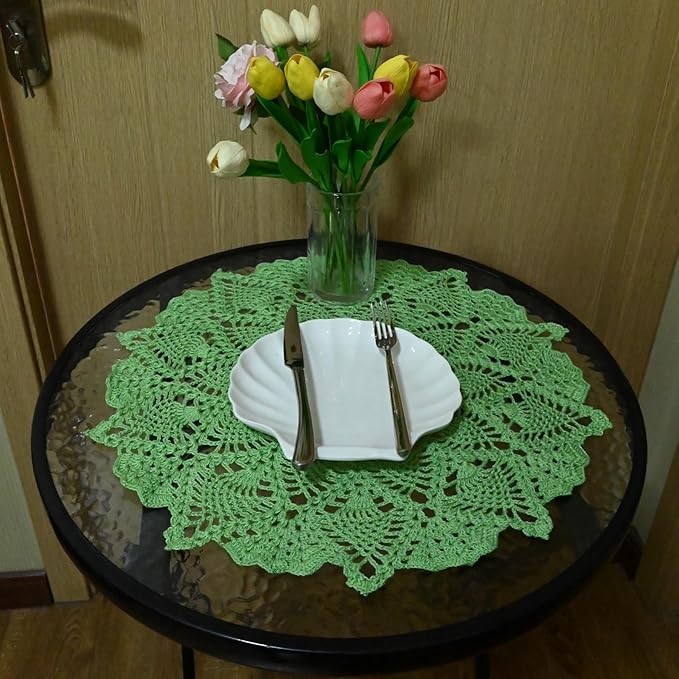 BIBITIME Lace Tablecloth Doily Handmade Crochet Placemat Women Vase Mat Kitchen Table Runner (1PC- 18 in to 20 in, Apple Green)