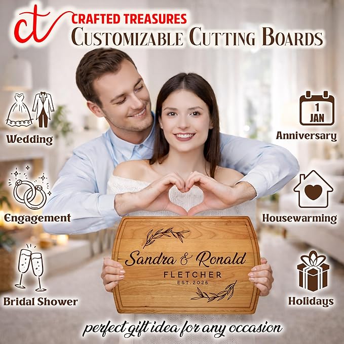 Crafted Treasures Personalized Cutting Board - Custom Cutting Board Wood Engraved Charcuterie Board - Personalized Wedding Gifts, Bridal Shower, Engagement, Anniversary & Housewarming Gift for Family