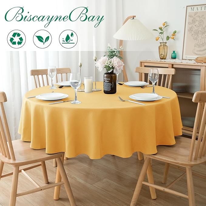 Biscaynebay Fall Tablecloth Textured Fabric Round Tablecloths 60" for Tables diameters from 28" to 48", Fall Gold Thanksgiving Autumn Harvest Water Resistant Table Cover for Kitchen, Dining, Party