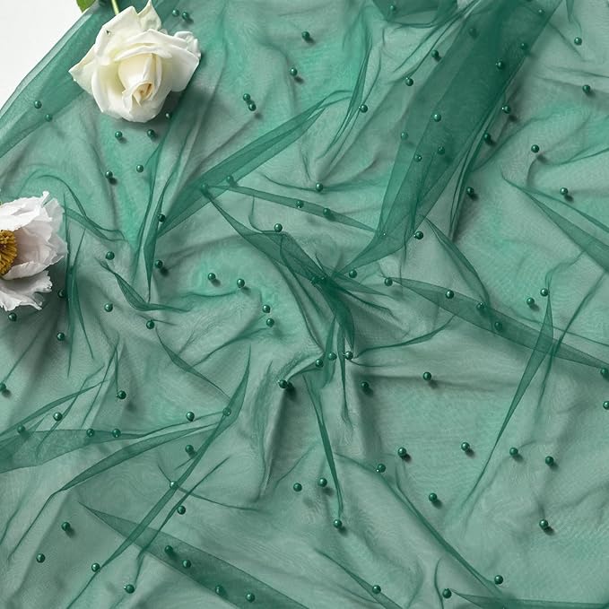 Artoid Mode 3PCS Pearl Dark Green Gauze Table Runner 120 Inch 10FT, Seasonal Sheer Dining Holiday Wedding Birthday Baby Shower Table Decor for Home Party