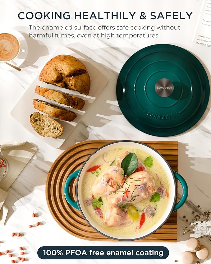 Enameled Cast Iron Dutch Oven - 6QT Pot with Lid & Cotton Potholders - Heavy-Duty Cookware for Braising, Stews, Roasting, Bread Baking, Oven Safe up to 500°F & Across All Stovetops, Bottle Green