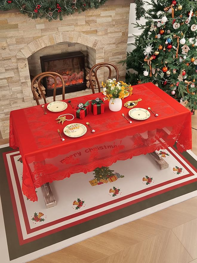Jayla Christmas Red Lace Tablecloth, Vintage Red Lace Rectangular Tablecloth for Party Picnic Dinner Decor, 54 x 54 Inches