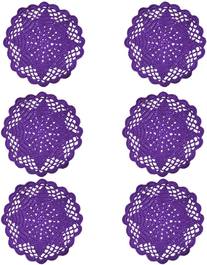 BIBITIME Handmade Crochet Round Lace Doilies Kitchen Table Placemats Wedding Tea Flower Vase Cup Mats (Dark Purple, 6" to 7",Pack of 6PCS)