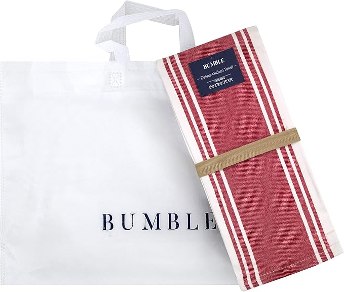 Premium Kitchen Towels (20”x 28”, 6 Pack) | Large Cotton Dish Towels | Flat & Terry Highly Absorbent Kitchen Linen Set with Hanging Loop | Wide Stripe Red