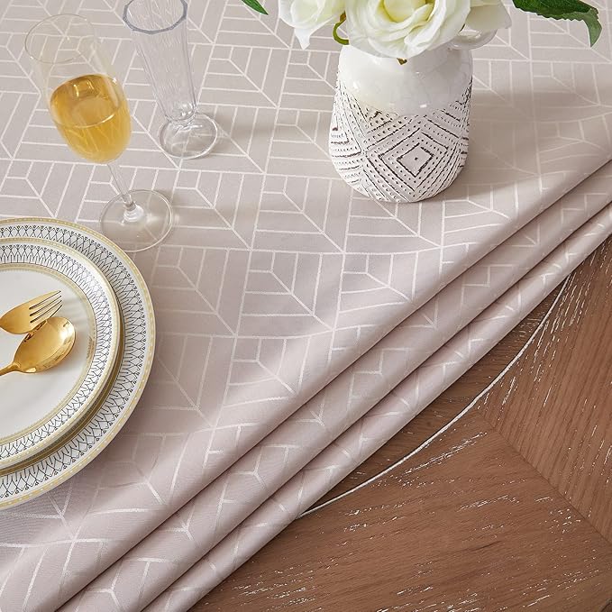 Round Table Cloth Jacquard Fabric Tablecloth Geometry Pattern Silky Soft Waterproof Washable Table Cover for Kitchen Dining Outdoor Birthday Party Banquet Decor (50 Inch Light Brown)