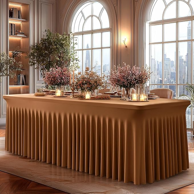 2 Packs Brown Spandex Tableclothes for 8 Foot Rectangle Table, Spandex Table Covers 8FT Stretch Table Skirts Wrinkle Free Fitted Table Cloth for Event, Wedding, Banquet & Parties