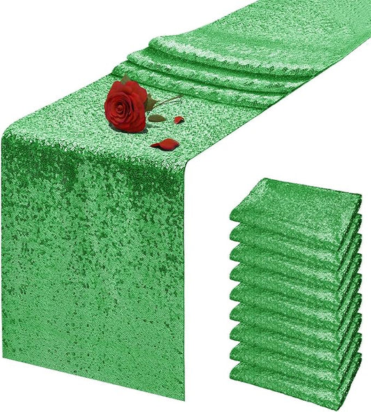 10 Packs 12 x 72 inches Grass Green Sequin Table Runner, Glitter Runner for Birthday Party Supplies Wedding Holiday Celebration Baby Shower Engagement Anniversary Decor
