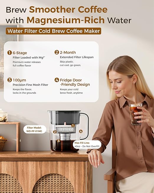 Waterdrop Cold Brew Coffee Maker with 1 Magnesium Water Filter, Well-Balanced Acidity, Unlocks Flavor and Aroma, BPA-Free, Precision Fine Mesh Filter for Iced Coffee, Tea, Lemonade, Black