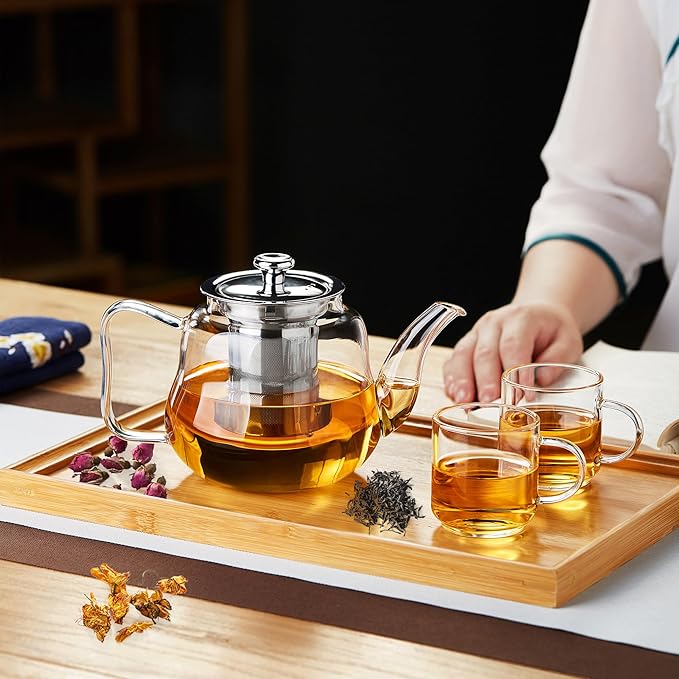 Glass Tea Pot with Infuser and Lid, Heat Resistance Borosilicate Glass Tea Kettle for Gas Stovetop, Suit for Blooming and Loose Leaf Tea, 32 fl oz