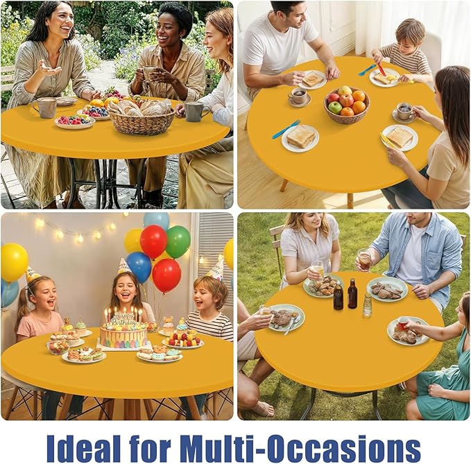 Round Spandex Tablecloth, Elastic Fitted Waterproof Tablecloths for 57"-68" Tables, Stretch Washable Picnic Table Cover for Camping, Dining, Indoor and Outdoor, Mustard Yellow