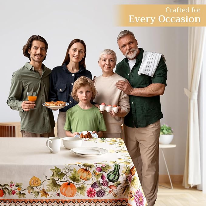 Maison d' Hermine Table Cloth Rectangle Table 100% Cotton 70 x 120 Inches Fall Tablecloth Reusable Everyday Use for Thanksgiving Christmas Decorations Dining Farmhouse (Pumpkin Garden - Cloudy Cream)