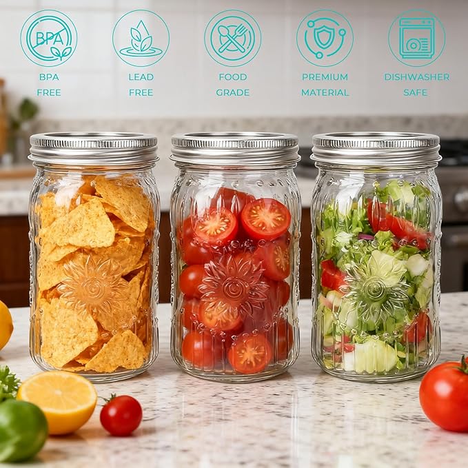 CycleMore 6 Pack 32oz Glass Mason Jars with Silver Two-Piece Lids - Wide Mouth Jars, 1 Quart Canning Jars With Sunflower Print for Preserving, Decor & Storage