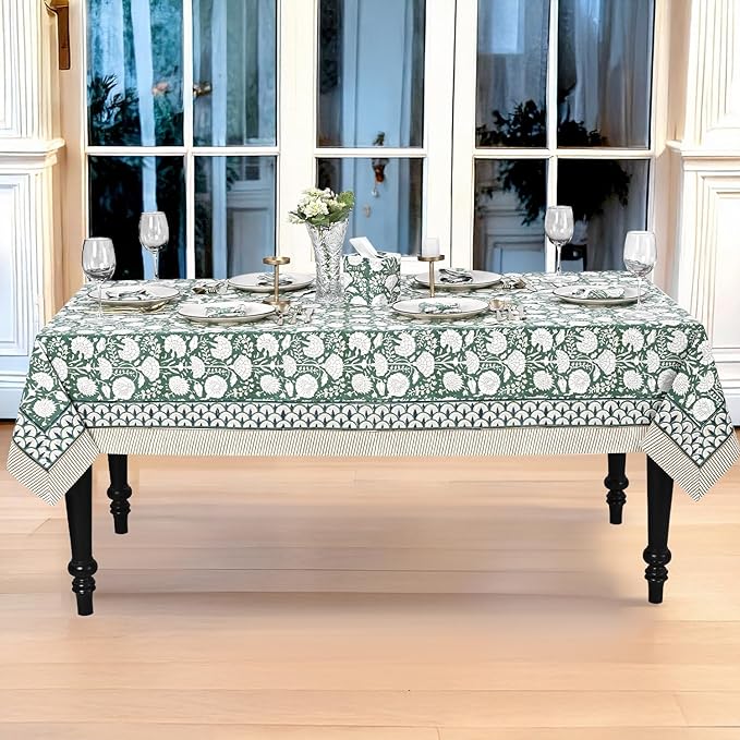 Ridhi Hand Block Print Turquoise Moss Green Rectangle Cotton Tablecloth 160" x 72" Reusable Table Cover Decorative Everyday Use for Dining, Farmhouse, Home Gift for Spring, Easter, Valentine