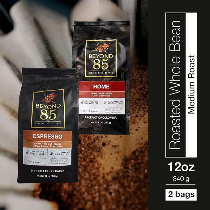 Beyond 85 Colombian Coffee Bundle – Espresso & Home Whole Bean Coffee (2 x 340g) – Bold Espresso & Smooth Roast – Ideal for Lattes, Drip, French Press & More