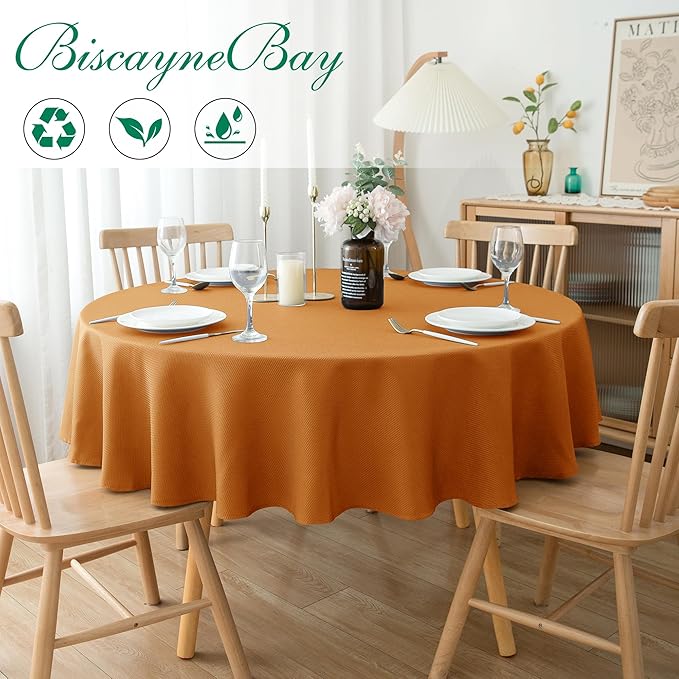 Biscaynebay Fall Tablecloth Textured Fabric Round Tablecloths 70", Bronze Thanksgiving Autumn Harvest Water Resistant Fabric Tablecloths for Kitchen, Dining, Wedding, Parties Machine Washable