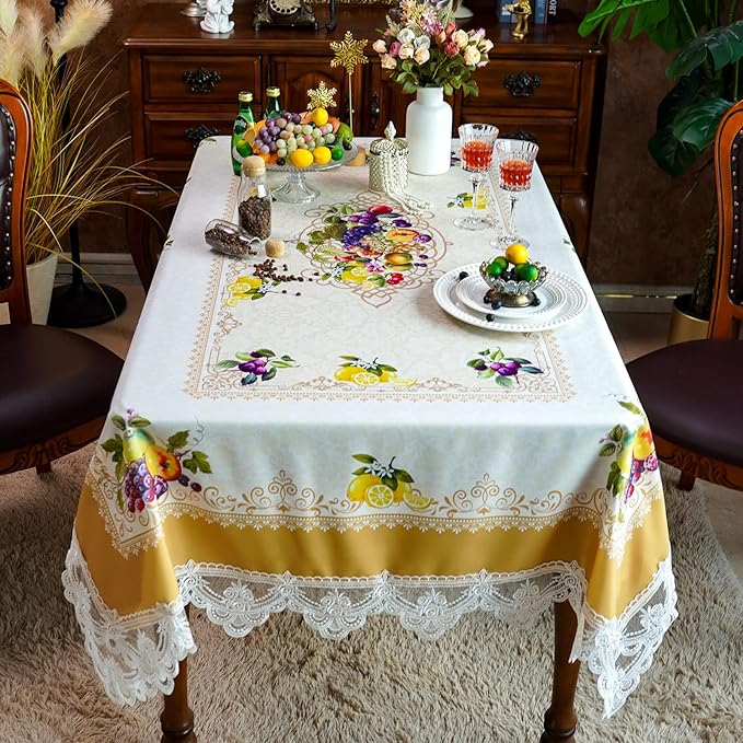 SUTAVIA Lace Embroidered Table Cloth,Rectangular Farmhouse TableCover,Classic Oblong Antique Flower Decor Macrame Tablecloth (Yellow, Rectangle/Oblong,52 x 70 Inch,4-6 Seats)