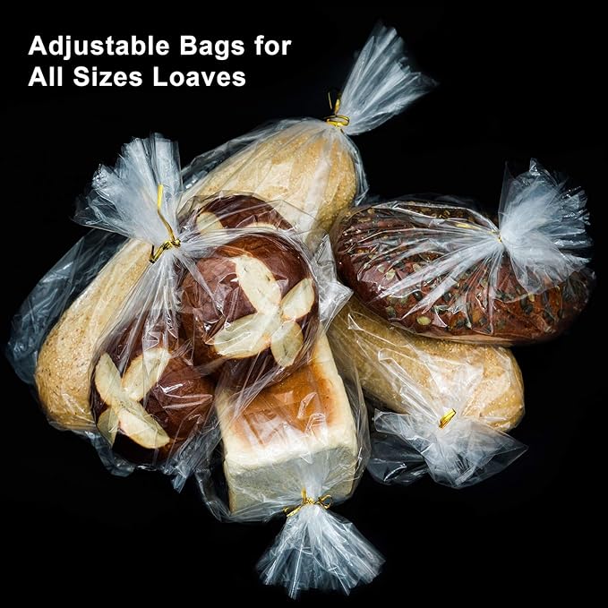 Bread Bags with Ties, Reusable, 105 Clear Bags and 105 Ties, For Homemade And Bakery Loaf Adjustable Reusable (105)