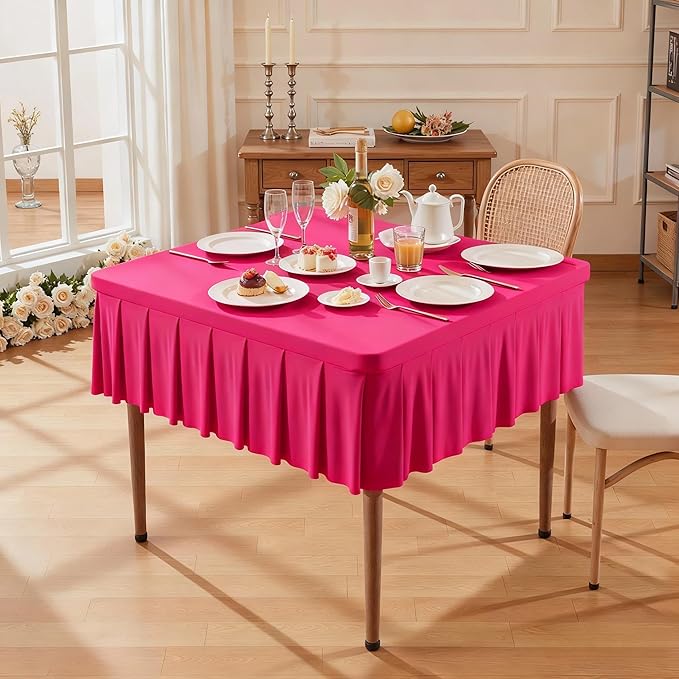 Wish Care Hot Pink Spandex Tablecloths for 34x34 Inch Square Tables, Stretch Fitted Table Clothes with Pleated Ruffle Skirt for 34” Table, Wrinkle Free and Elastic, for Party Kitchen Home Dining