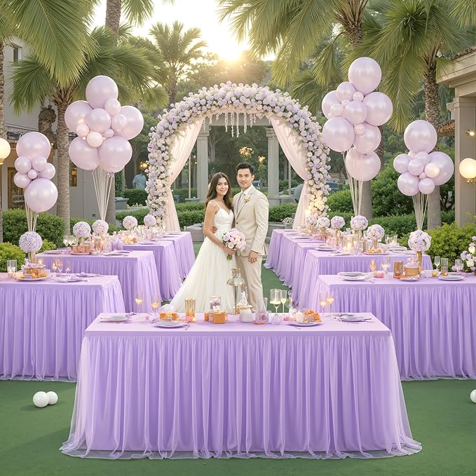 Suppromo Lavender Tulle Tablecloth for 4 Foot Rectangular Tables, 48 x 24 Inch White Rectangle Table Cloth, Wrinkle Free Table Cover with Tutu Skirt for Wedding Birthday Party Banquet Tablecover