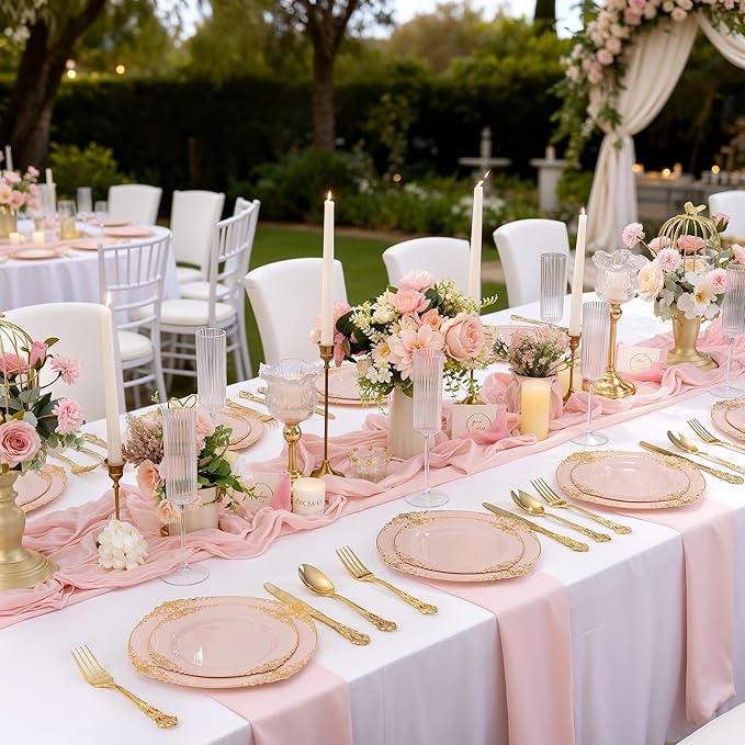 200PCS Pink and Gold Plates - Pink Plastic Plates - Fancy Disposable Plate with Gold Rim - Vintage Wedding Dinner & Dessert Plate for 100 Guests for Wedding & Valentine's Day & Bridal Shower