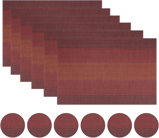 Set of 6 Placemats Black Place Mats Crossweave Woven Non-Slip Washable Table Mats for Table Dining Kitchen and Reataurant(Red)