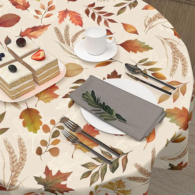 Autumn Leaves Round Tablecloth 60 Inch Fall Thanksgiving Harvest Maple Leaf Table Cloth Rustic Farmhouse Table Cover for Kitchen Dinner Home Decor