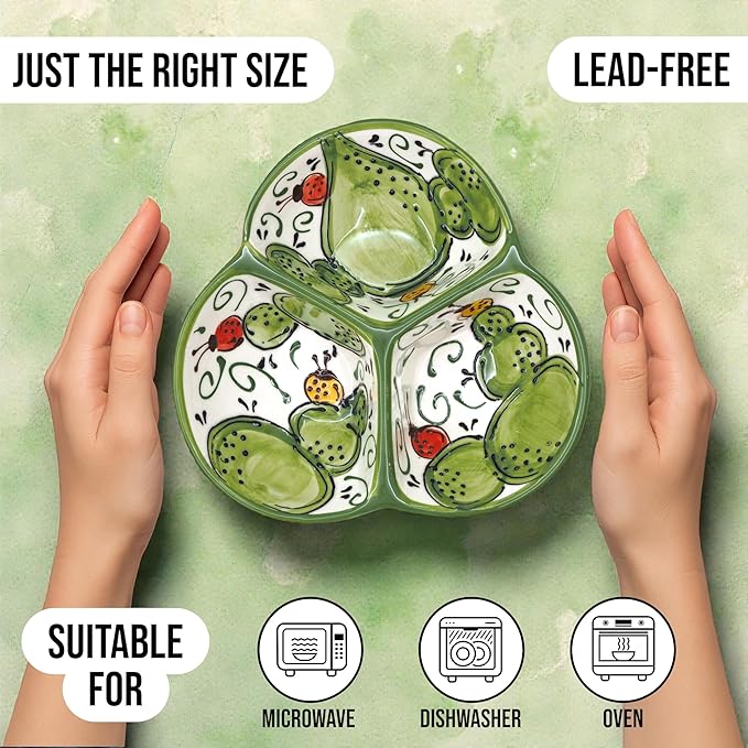 Ceramic Chip & Dip Bowl 7.5”, 3-Compartment Divided Serving Dish & Condiment Tray for Appetizers – Handmade in Spain, Lead-Free Glaze, Microwave, Oven & Dishwasher Safe