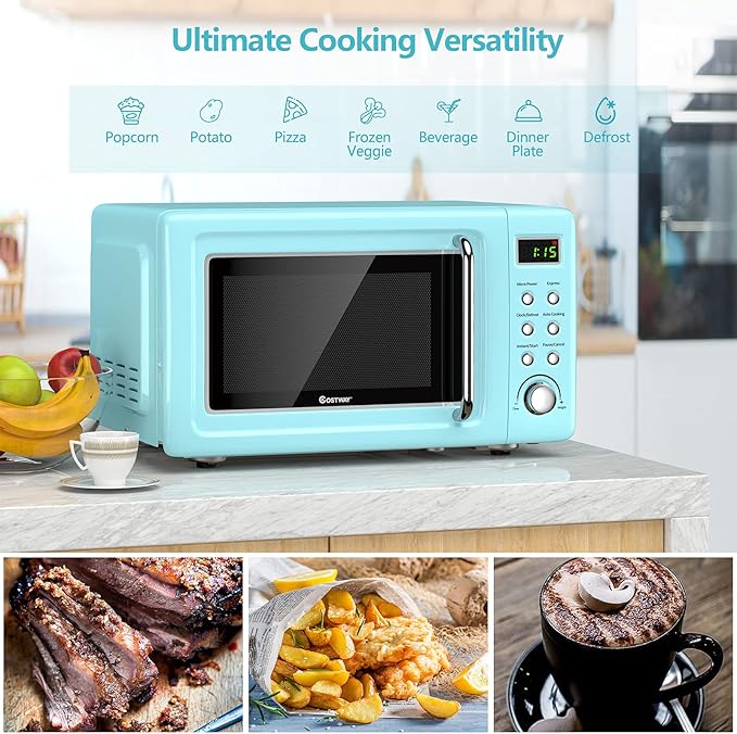 COSTWAY Retro Countertop Microwave Oven, 0.7Cu.ft, 700-Watt, High Energy Efficiency, 5 Micro Power, Delayed Start Function, with Glass Turntable & Viewing Window, LED Display, Child Lock (Green)