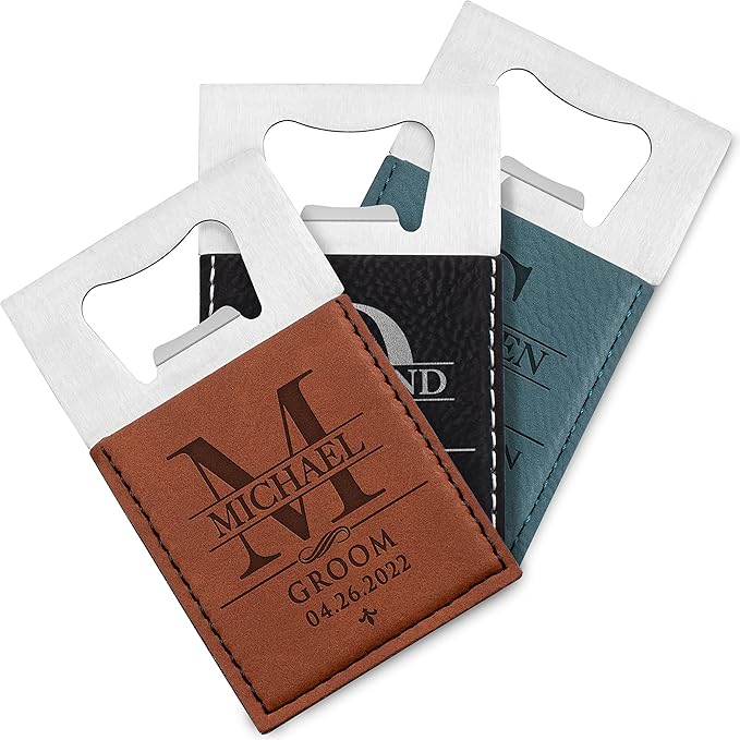 SET OF 6 - Groomsmen Gifts, Personalized Bottle Openers for Groomsman, Best Man, Groom, Custom W/Name - Title - Date, Men Gift Sets - 3 Color Options - Laser Engraved Men Gifts, Bachelor Party Favors