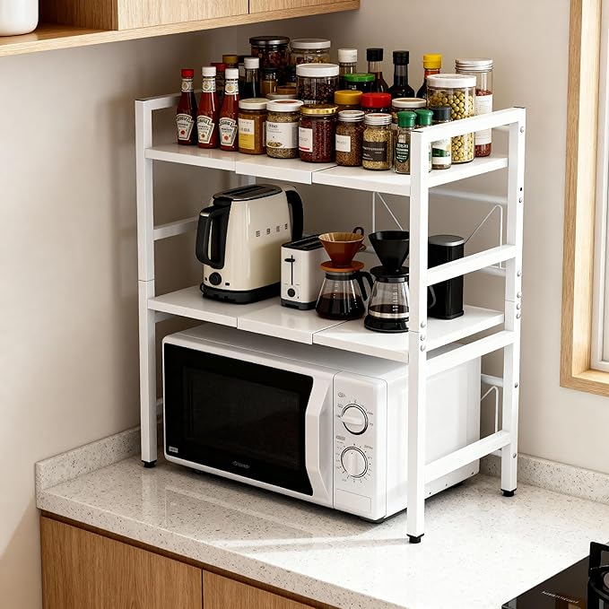 Microwave Oven Rack, Microwave Shelf Expandable Microwave Stand Countertop Kitchen Utensils, Bakers Rack, Carbon Steel Over Microwave Shelf Countertop with 6 Hooks (White, 3 Tier)