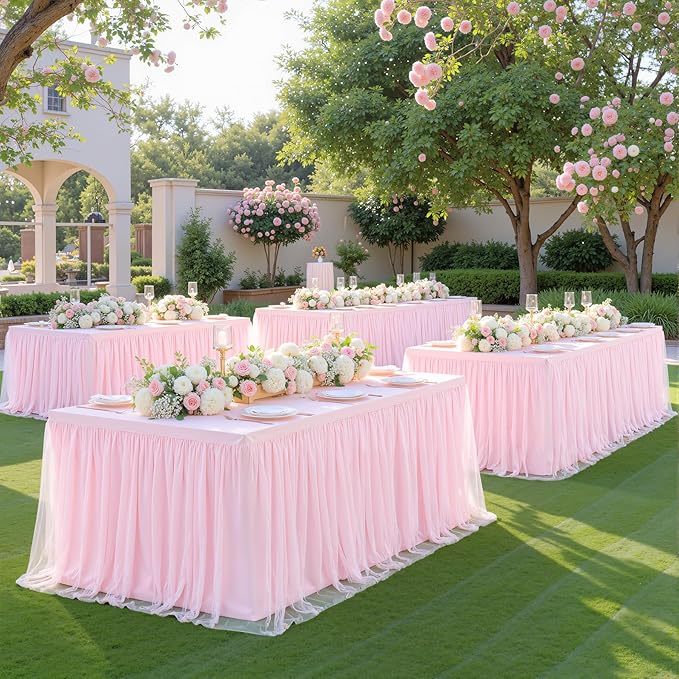 6 Pack 8ft Pink Tablecloths for Rectangle Tables, 8 Foot Pink Rectangular Table Cloth, Wrinkle Free Table Cover with Tutu Skirt for Baby Shower Girls Birthday Party Banquet Buffet Cake Decorations