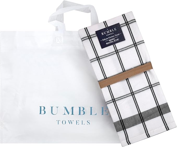 Premium Kitchen Towels (20”x 28”, 6 Pack) | Large Cotton Dish Towels | Flat & Terry Highly Absorbent Kitchen Linen Set with Hanging Loop | Black Check