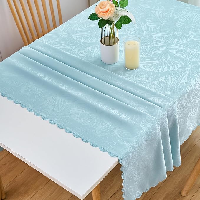 Rectangle Tablecloths 60x102 Inch Waterproof Washable Light Blue Oblong Table Clothes for 6 Foot Tables Leave Pattern Silky Soft Table Covers for Kitchen Dining Birthday Party Picnic