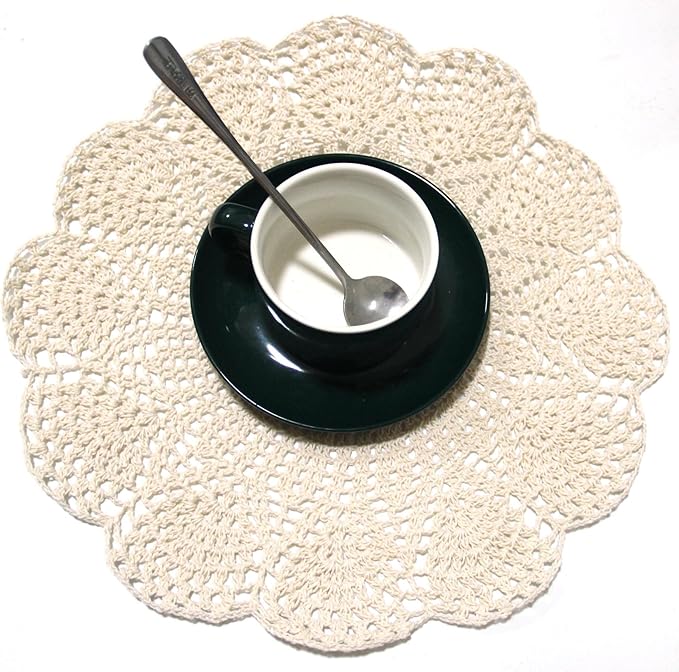 BIBITIME 11.8 in to 13.8 in Round Flower Lace Doilies Vase Mats Kitchen Tablecloth Dish Plate Mat Handmade Crochet Table Doily Placemats (Beige,1PC)