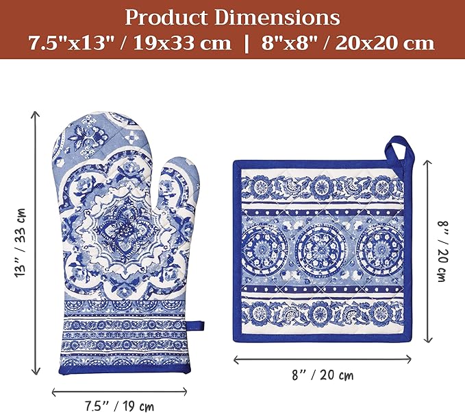 Maison d' Hermine 100% Cotton Oven Mitt & Pot Holder Set (7.5"x13" & 8"x8") Heat Resistant BBQ Cooking Gloves with Loop, Baking, Grilling, Kitchen, Handling Hot Pans Spring/Summer (Melodie Bleue)