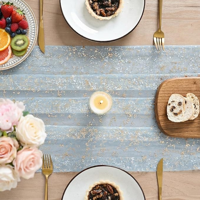 Artoid Mode Gold Gauze Light Blue Table Runner 120 Inch 10FT, Glitter Metallic Foil Sheer Dining Wedding Anniversary Holiday Birthday Table Decor for Home Party