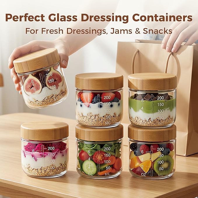 8oz Glass Jars with Airtight Lids - 6 Pack Overnight Oats Containers with Bamboo Lids, Small Food Containers with Measurement for Yogurt, Salad, Chia, Wide Mouth Mason Jar with Lid for Food Storage