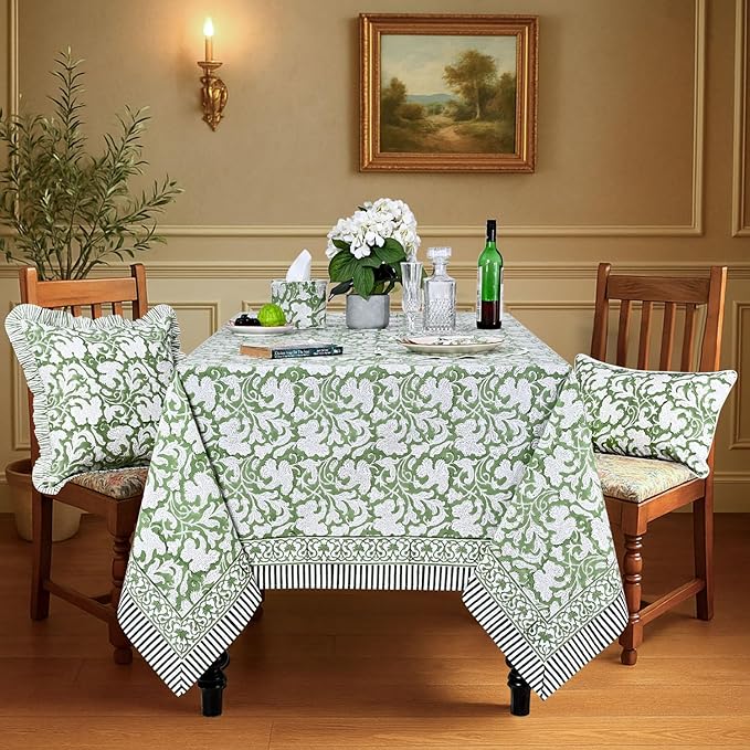 Ridhi Hand Block Print Sage Green Rectangle Cotton Tablecloth 108" x 60" Reusable Table Cover Decorative Everyday Use for Dining, Farmhouse, Home Gift for Spring, Easter, Valentine