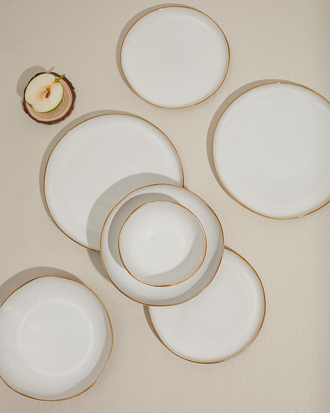 24 Pieces Dinnerware Set for 6 with Pasta Bowls, Complete Ceramic Dish Set, Stackable & Glossy Stoneware Plate and Bowl Set for Effortless Everyday Hosting, White