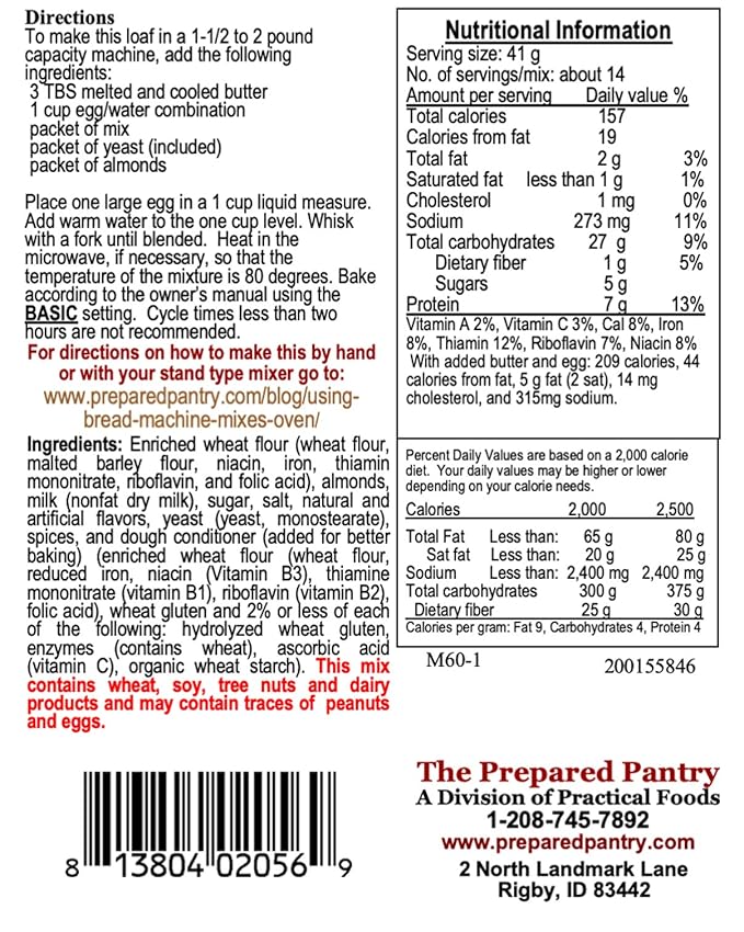 The Prepared Pantry Swedish Vanilla Almond Gourmet Bread Mix; Single Pack; For Bread Machine or Oven