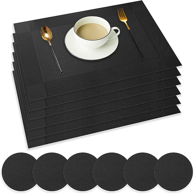 Sets of 6 Placemats Simple Table Place Mats and Coasters Premium Heat Washable Tableware Dining Table Mats(Black)