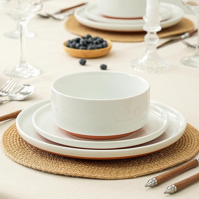 24 Piece Dinnerware Set, Dual Glaze Stoneware Plates and Bowls Sets, Modern Dinner Plate, Salad Plate, Cereal Bowl, Dish Set for 8, Microwave and Dishwasher Safe, Stardust Glaze White