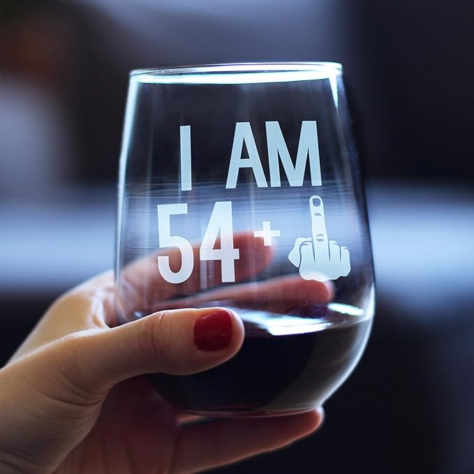 54 + 1-55th Birthday Stemless Wine Glass for Women & Men - Cute Funny Wine Gift Idea - Unique Personalized Bday Glasses for Mom, Dad, Friend Turning 55