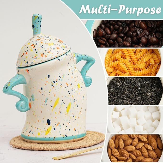 Ceramic Jar With Attitude Food Storage Jar With Airtight Lid Decorative Kitchen Container For Coffee Beans Tea Flour Sugar Pasta Cookies (Macaron color)